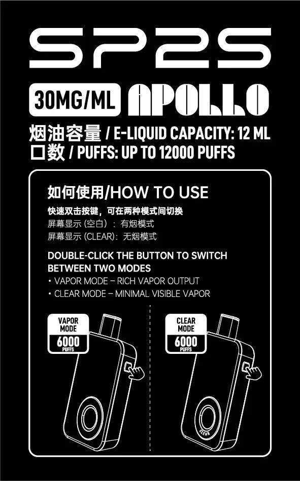 SP2S Apollo 雙模式切換說明:快速雙擊切換 CLEAR 無煙模式,辦公室必備。 SP2S Apollo 雙模式切換說明:快速雙擊切換 CLEAR 無煙模式,辦公室必備。